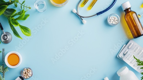 Various medical supplies and natural remedies on blue background