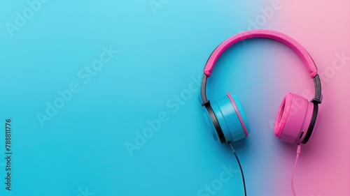 Pink headphones on blue and pink gradient background
