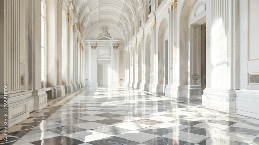 Elegant white and gray hall with columns checkered floor, bathed in natural light Elegant white and gray hall with columns checkered floor, bathed in natural light