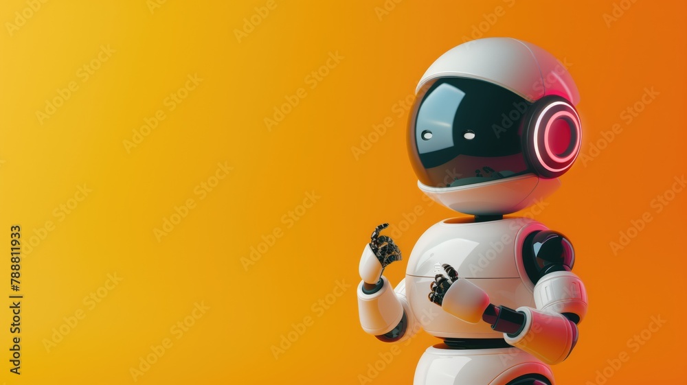 Obraz premium 3D illustration of humanoid robot with white exterior and black visor on orange background
