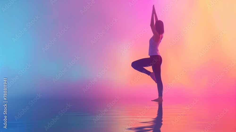 Silhouette of person practicing yoga at sunset with vibrant colors
