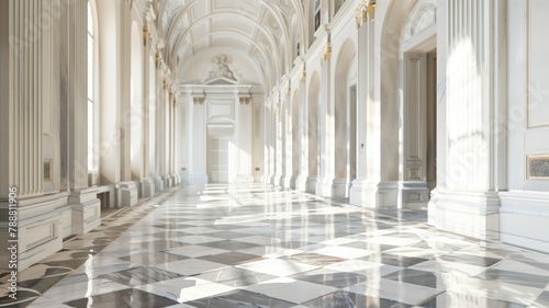 Elegant white and gray hall with columns checkered floor, bathed in natural light