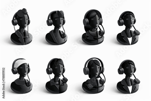 Customer service. The call center hotline operator speaks on the phone with the client 3D avatars set vector icon, white background, black colour icon photo