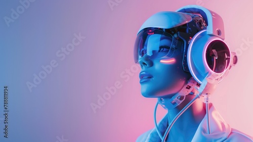 Futuristic female robot with helmet on neon background
