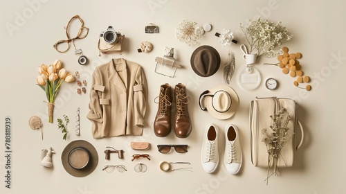 An artistic flat lay incorporating women's fashion accessories, encapsulating concepts of fashion, trends, and shopping photo