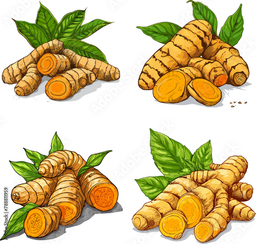 Turmeric with leaves Color engraving raster illustration isolated on white background