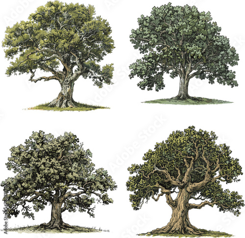 Color engraving raster illustration set of Oak tree isolated on white background