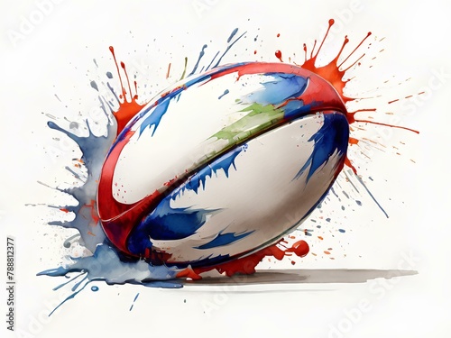 Splashing Rugby: Watercolor Art of a Rugby Ball on White Background





