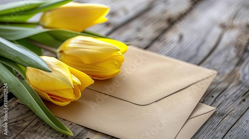 Vibrant yellow tulips peeking through a delicate sheet of paper perfect for adding a touch of freshness to your greetings #788812524