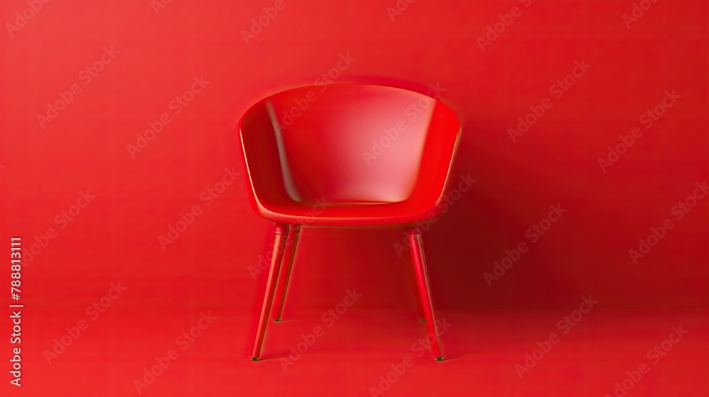 A simple red chair sits in the middle of a red room. The chair is made of plastic and has a modern design. The room is empty except for the chair. A simple red chair sits in the middle of a red room. The chair is made of plastic and has a modern design. The room is empty except for the chair.