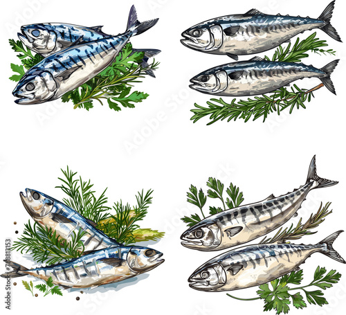 illustration Set of Two pieces of mackerel with fresh parsley isolated on white background