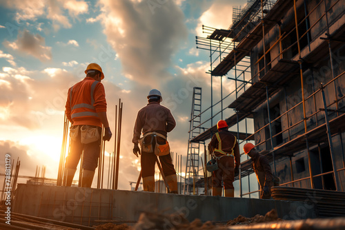 Team of the construction workers works on foundation of contemporary house.