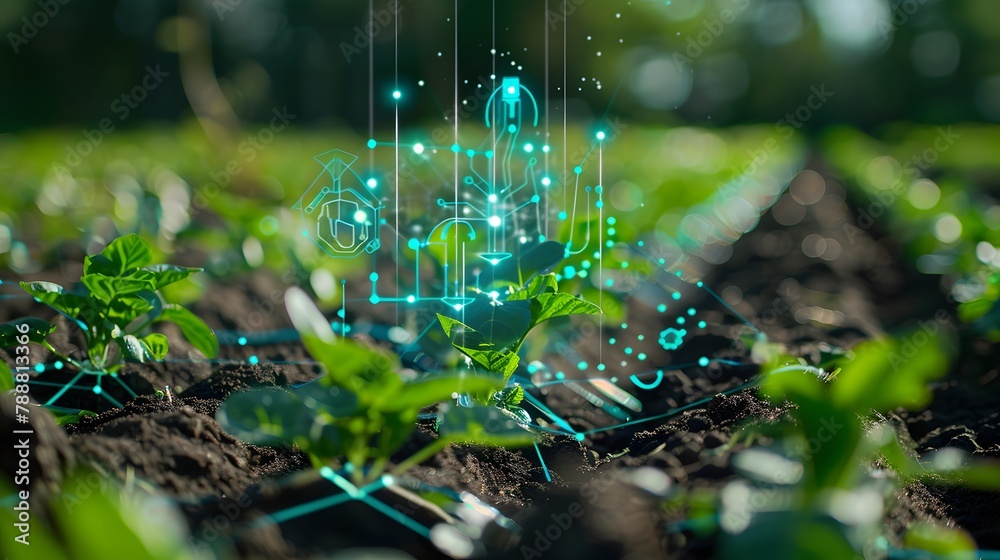 Smart farm concept. Soil health monitoring on a smart farm using cutting-edge soil sensors and data-driven analysis for sustainable crop production. Advancing agriculture. Smart farm evolution. 