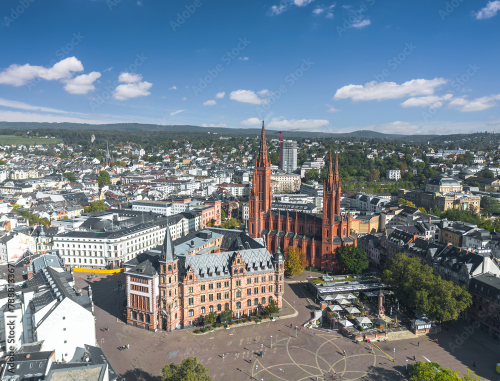 Aerial summer skyline cityscape of Wiesbaden-Mitte: Schlossplatz, Marktkirche. Wiesbaden, Hesse, Germany.