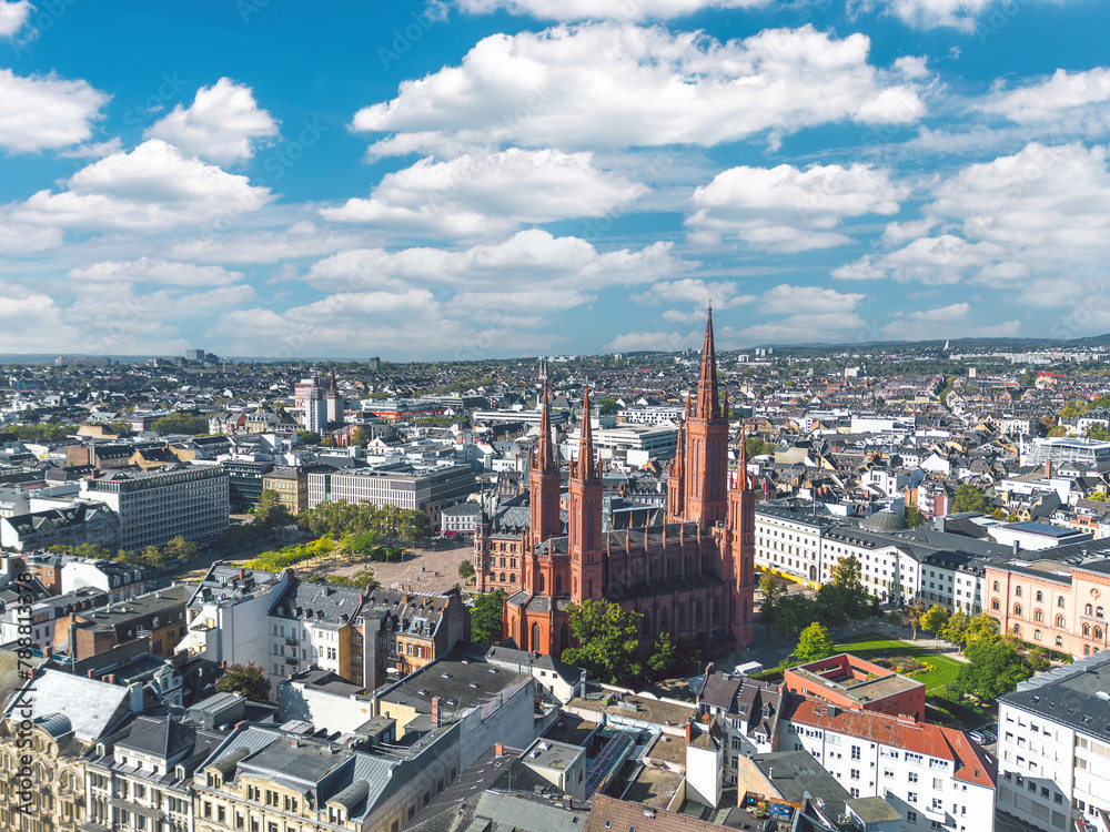 Aerial summer skyline cityscape of Wiesbaden-Mitte: Schlossplatz, Marktkirche. Wiesbaden, Hesse, Germany.