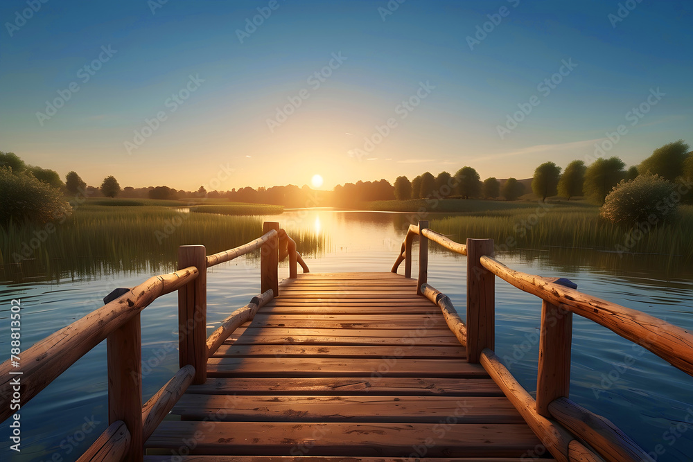 Illustration of a wooden bridge crossing a peaceful river at dusk. - obrazy, fototapety, plakaty 