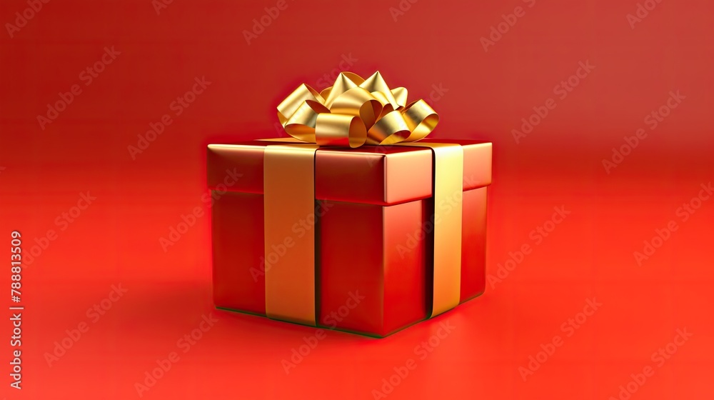 3D rendering of a red gift box with a gold ribbon and bow on a red background. 3D rendering of a red gift box with a gold ribbon and bow on a red background.