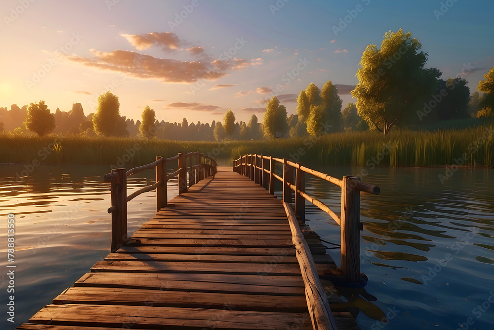 Obraz premium Illustration of a wooden bridge crossing a peaceful river at dusk.