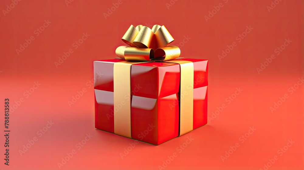 Fototapeta premium 3D rendering of a red gift box with a gold ribbon and bow on a red background.