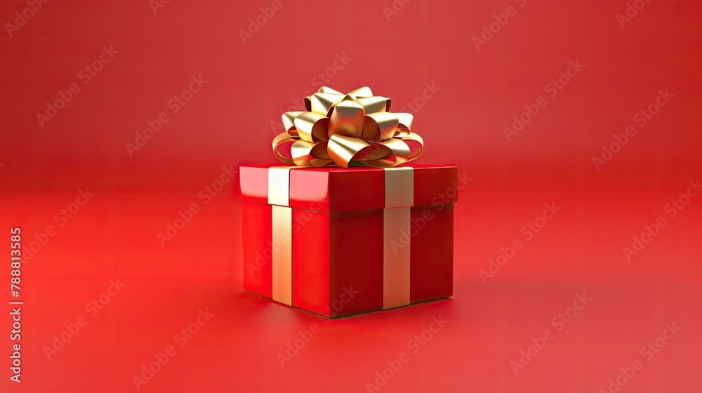 This is a 3D rendering of a red gift box with a gold ribbon and bow. The box is sitting on a red background. This is a 3D rendering of a red gift box with a gold ribbon and bow. The box is sitting on a red background.