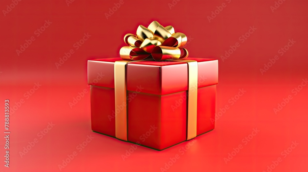 This is a 3D rendering of a red gift box with a gold ribbon and bow. The box is sitting on a red background. This is a 3D rendering of a red gift box with a gold ribbon and bow. The box is sitting on a red background.
