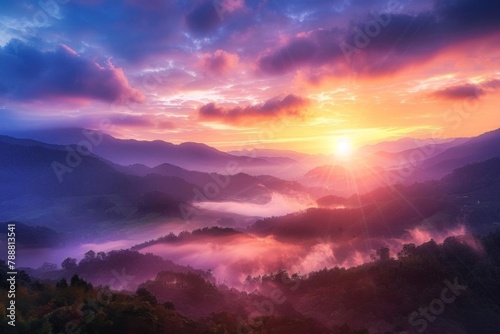 majestic sunrise over misty mountains landscape photography #788813541