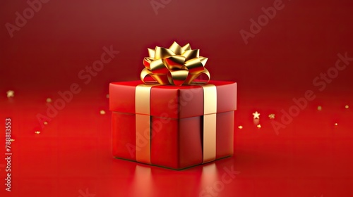 This is a 3D rendering of a red gift box with a gold ribbon and bow. The box is sitting on a red surface with a red background. © BozStock