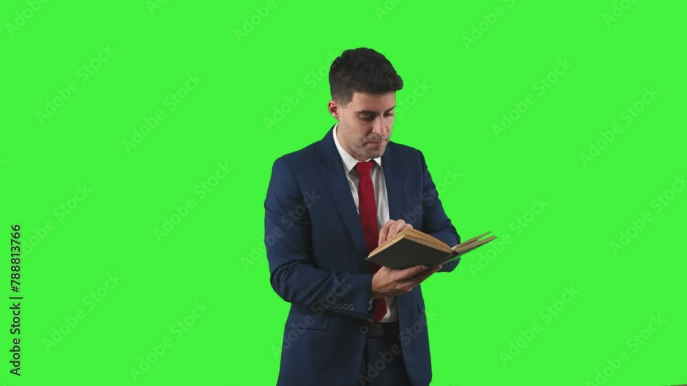 Businessman in Blue Suit and Tie Reading a book with Interest green screen chroma key Businessman in Blue Suit and Tie Reading a book with Interest green screen chroma key