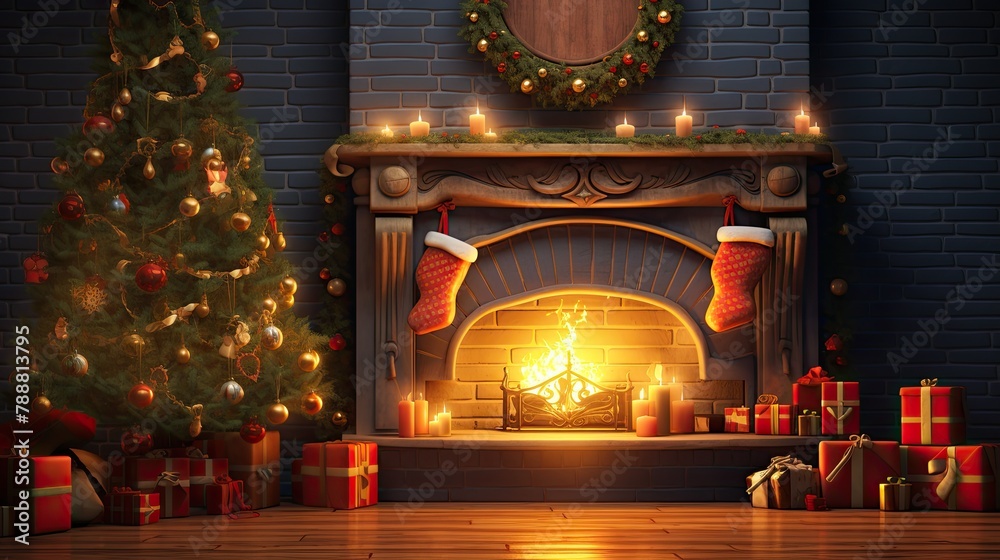 Obraz premium This is a beautiful image of a Christmas fireplace. The fireplace is made of red brick and has a wooden mantel.