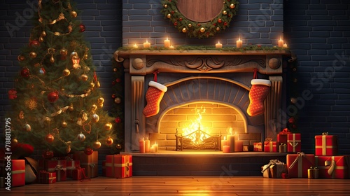 This is a beautiful image of a Christmas fireplace. The fireplace is made of red brick and has a wooden mantel.