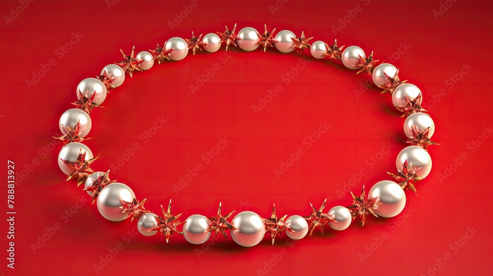 Fototapeta premium 3D rendering of a pearl necklace with red stars on a red background. The necklace is made of white pearls and gold stars.