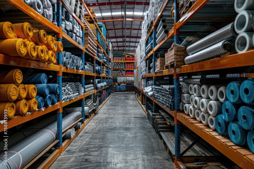 A warehouse with many rolls of fabric and other materials. The rolls are stacked on shelves and the space is very large
