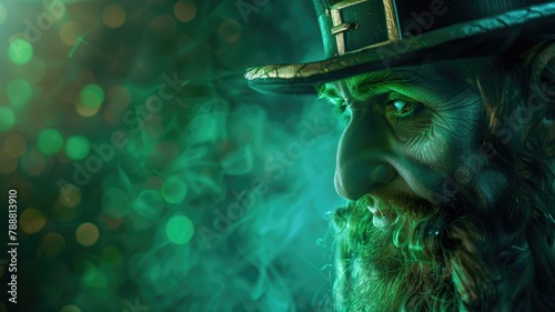 Bearded man with hat in green mystical light, looking aside photo