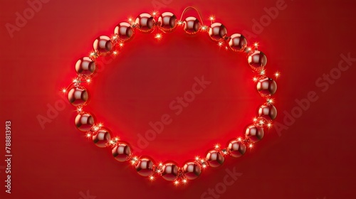 Red Christmas balls wreath with glowing lights on red background. 3D rendering.