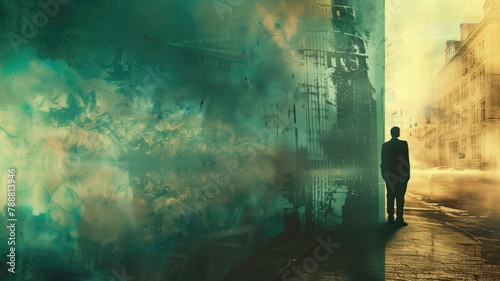 Person facing surreal cityscape with contrasting themes