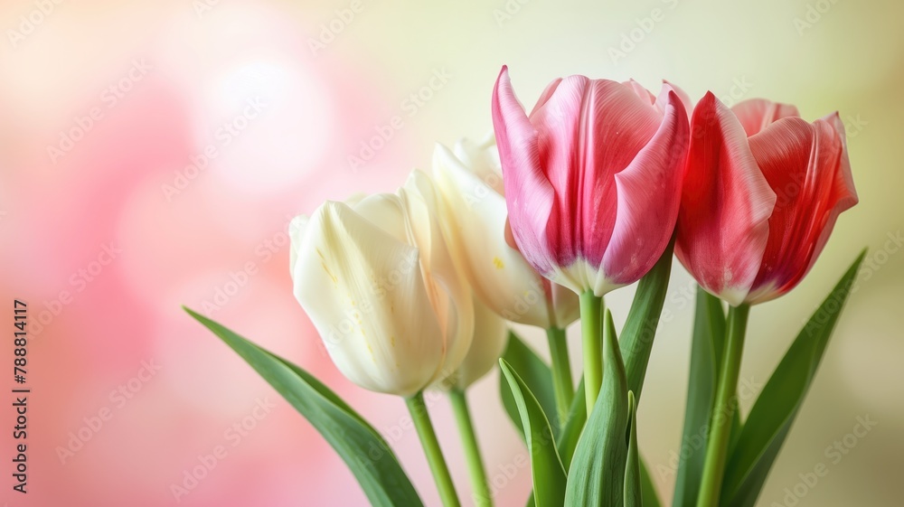 Bouquet of pink and white tulips against soft, colorful background