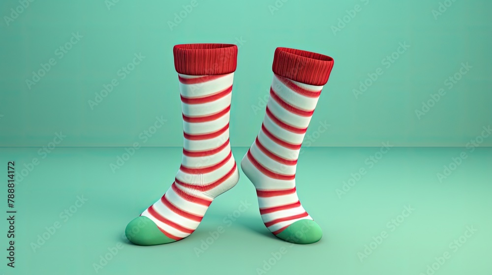 A pair of red and white striped socks with green toes. The socks are standing up on a green background. A pair of red and white striped socks with green toes. The socks are standing up on a green background.