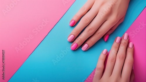 Hands with pink manicured nails on two-tone background