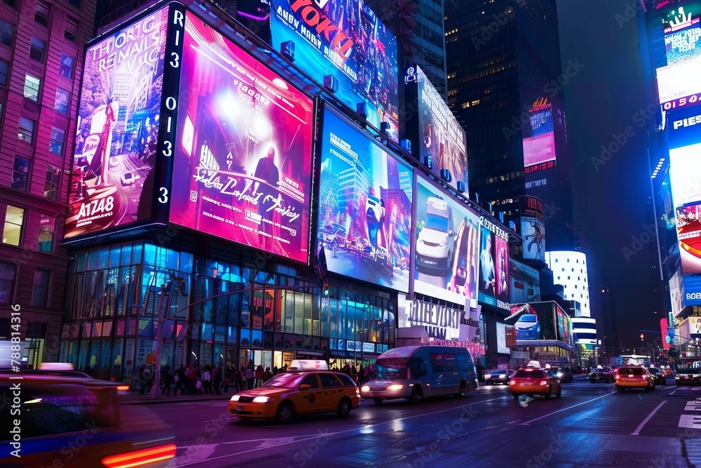massive electronic billboard displaying vibrant digital advertisements photography