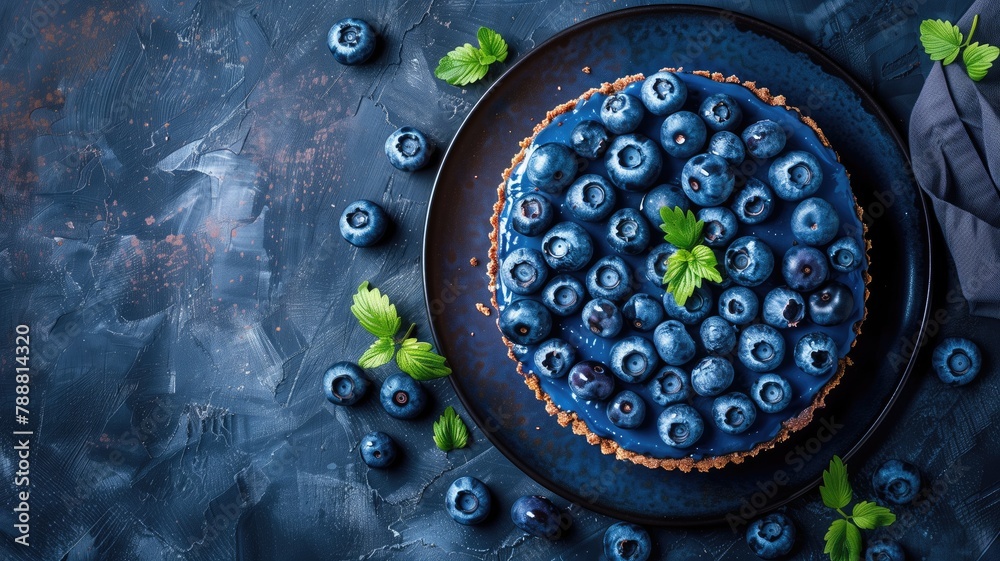 Plate of blueberries with mint on dark textured background