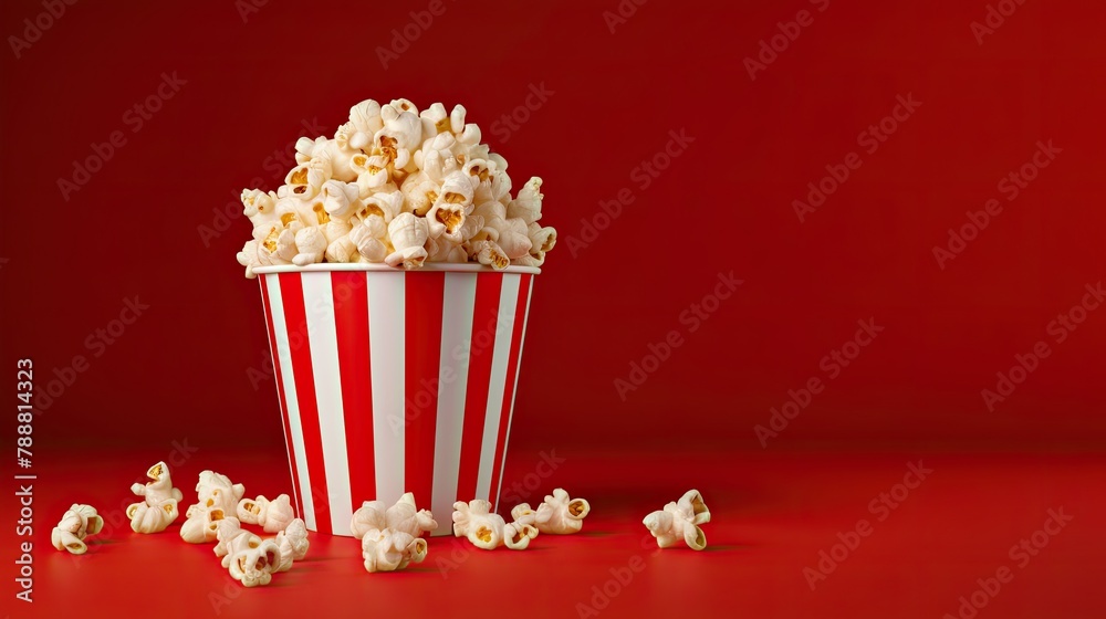 A delicious and fresh bucket of popcorn with a red and white striped pattern on a red background. A delicious and fresh bucket of popcorn with a red and white striped pattern on a red background.