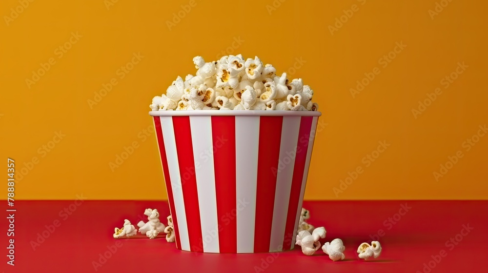 A large red and white striped popcorn bucket is sitting on a red table. The bucket is filled to the brim with popped popcorn. A large red and white striped popcorn bucket is sitting on a red table. The bucket is filled to the brim with popped popcorn.