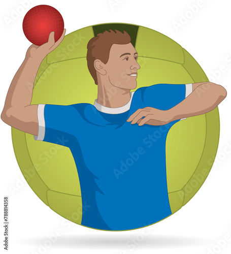 dodge ball sport, male player aiming ball to throw at opponent with larger ball in the background