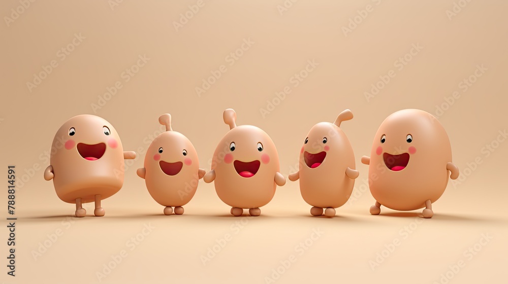 3D rendering of a group of cute and happy cartoon characters. They are all different shapes and sizes, and they are all smiling and having fun. 3D rendering of a group of cute and happy cartoon characters. They are all different shapes and sizes, and they are all smiling and having fun.