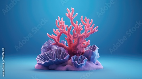 Fototapeta Naklejka Na Ścianę i Meble -  3D rendering of a coral reef. Pink and purple corals and shells on a blue background.