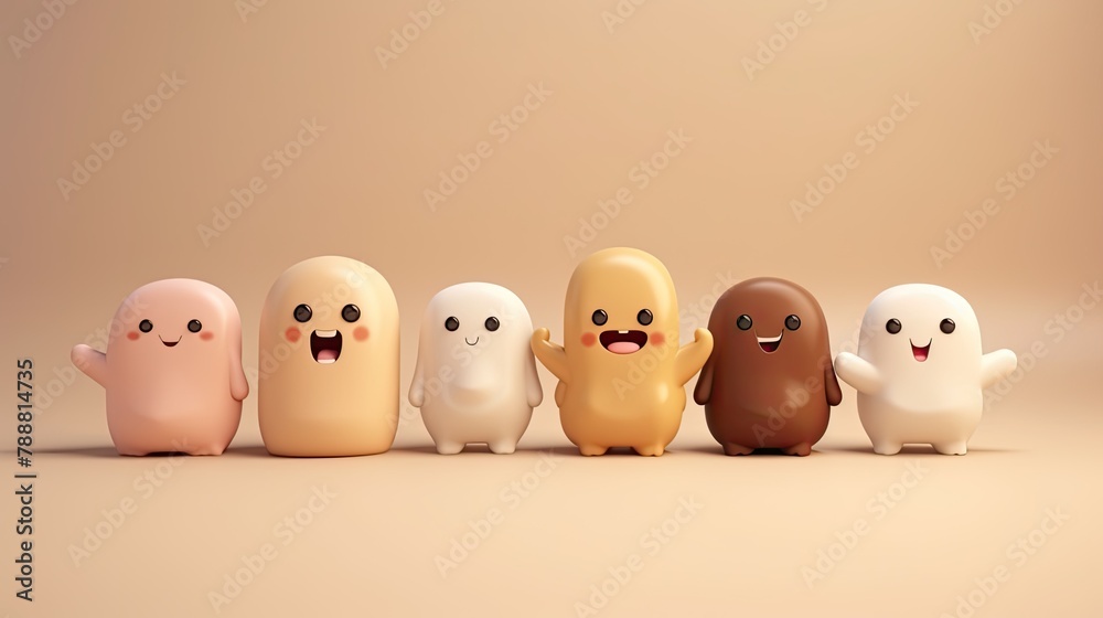 3D rendering of a group of cute and colorful cartoon characters. The characters are all different colors and have different facial expressions. 3D rendering of a group of cute and colorful cartoon characters. The characters are all different colors and have different facial expressions.