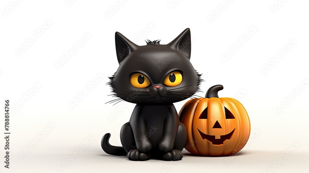 A cute black cat is sitting next to a jack-o-lantern. The cat has big yellow eyes and a friendly expression. A cute black cat is sitting next to a jack-o-lantern. The cat has big yellow eyes and a friendly expression.