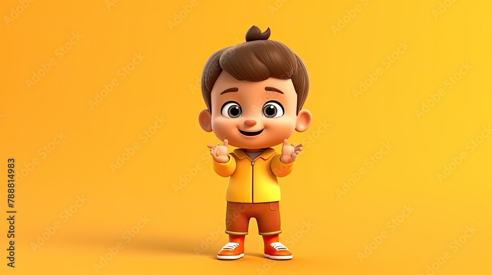 This is a 3D rendering of a cute little boy. He is wearing a yellow jacket, brown pants, and red shoes. He has brown hair and blue eyes. This is a 3D rendering of a cute little boy. He is wearing a yellow jacket, brown pants, and red shoes. He has brown hair and blue eyes.