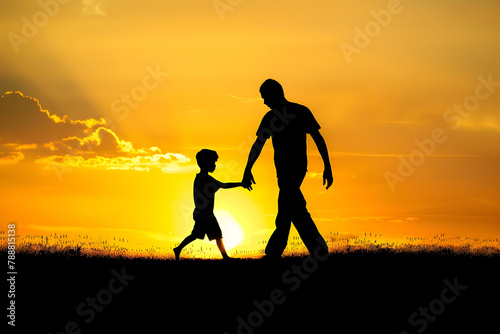 Silhouette of father and son walking in the sunset for father s day background and celebration