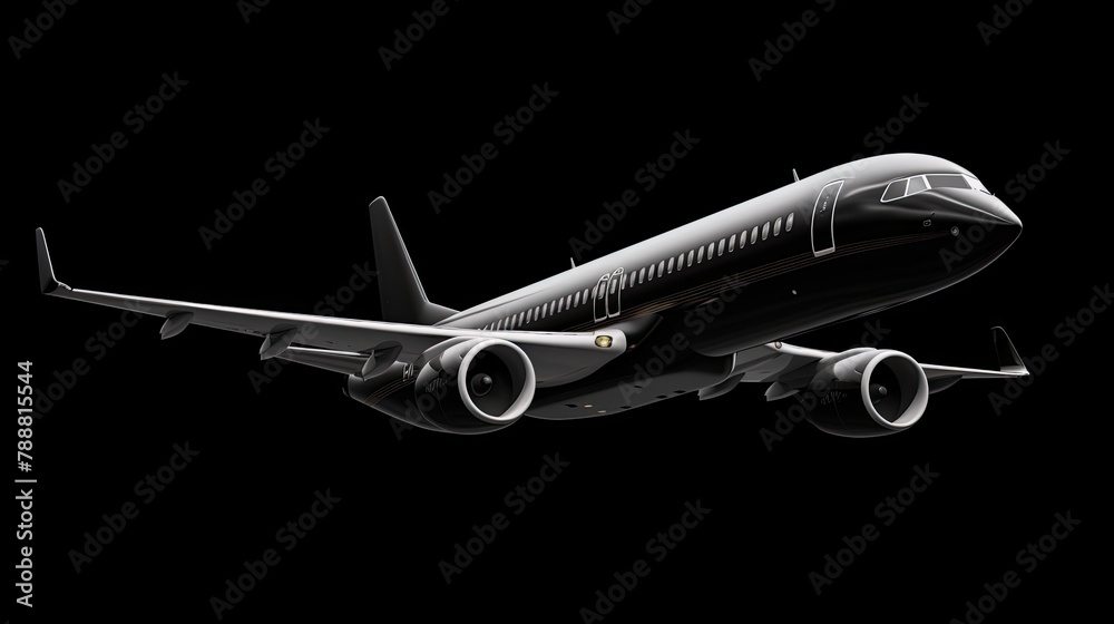 A sleek and sophisticated black airplane is flying through the night sky. A sleek and sophisticated black airplane is flying through the night sky.